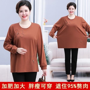 中老年秋装长袖T恤宽松加肥加大码200斤胖妈妈装纯棉休闲女士上衣