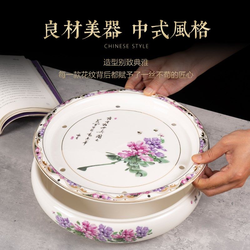 14英寸高温陶瓷圆形茶盘潮汕功夫茶具茶池大号茶海双层储水式茶船