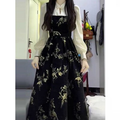 大码胖mm新中式国风黑色假两件收腰碎花连衣裙女秋冬改良显瘦长裙