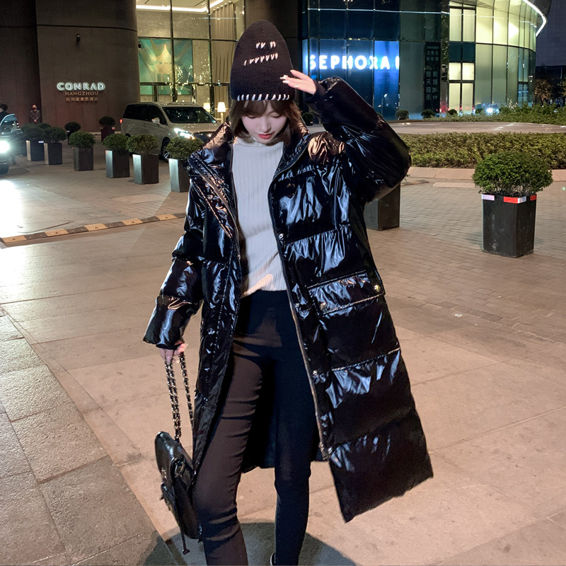 黑色亮面显瘦羽绒棉服女中长款加厚棉衣冬季侧拉链宽松面包服外套