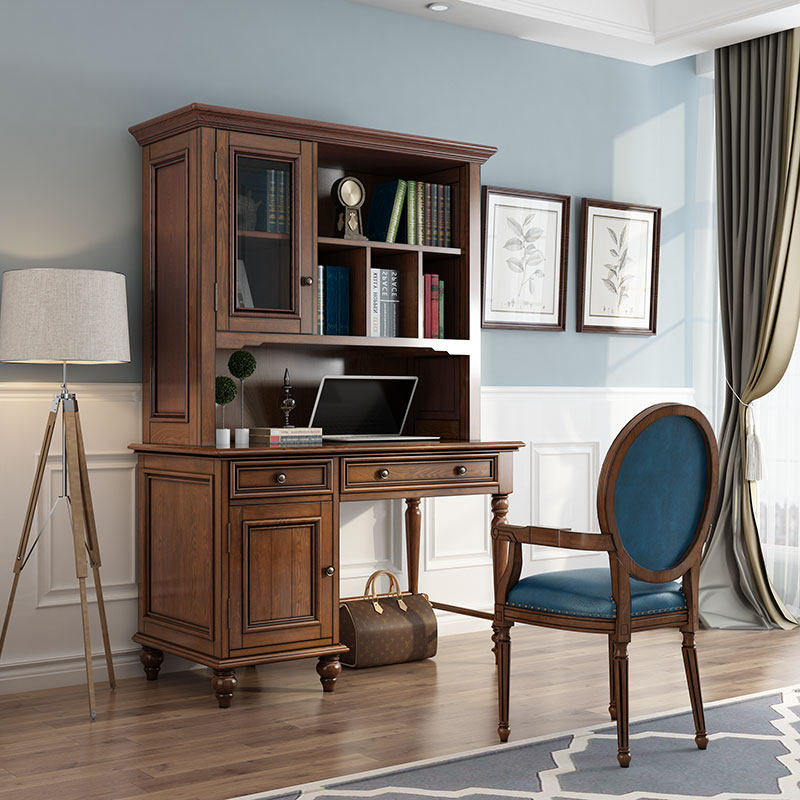 美式乡村实木书桌椅白蜡木儿童书桌书架组合双人一体电脑桌办公桌