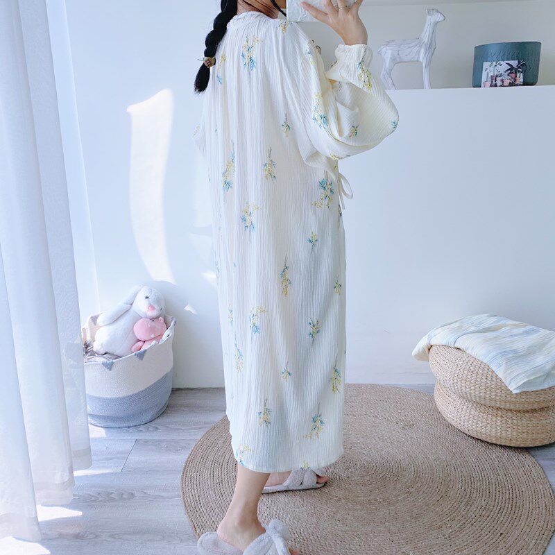 长袖加大码纯棉双层纱汉服睡裙开衫睡袍宽松孕产妇胖MM哺乳家居服