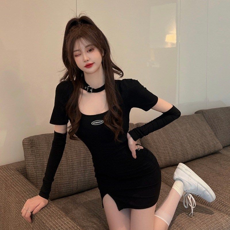 甜辣风酷拽袖套连衣裙女开叉短裙2025年夏季新款性感紧身包臀裙子,女装/女士精品,连衣裙,淘宝优惠券,粉丝福利购,淘宝优惠卷
