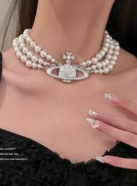 【乔老板Joy】西太后项炼珍珠土星三层重工choker锁骨闪钻颈炼 炼