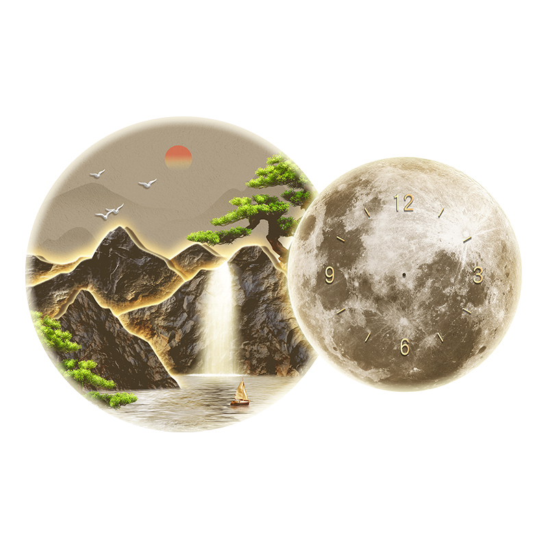 新中式饭厅装饰画轻奢高级钟表挂钟客厅沙发背景墙挂画山水画带灯