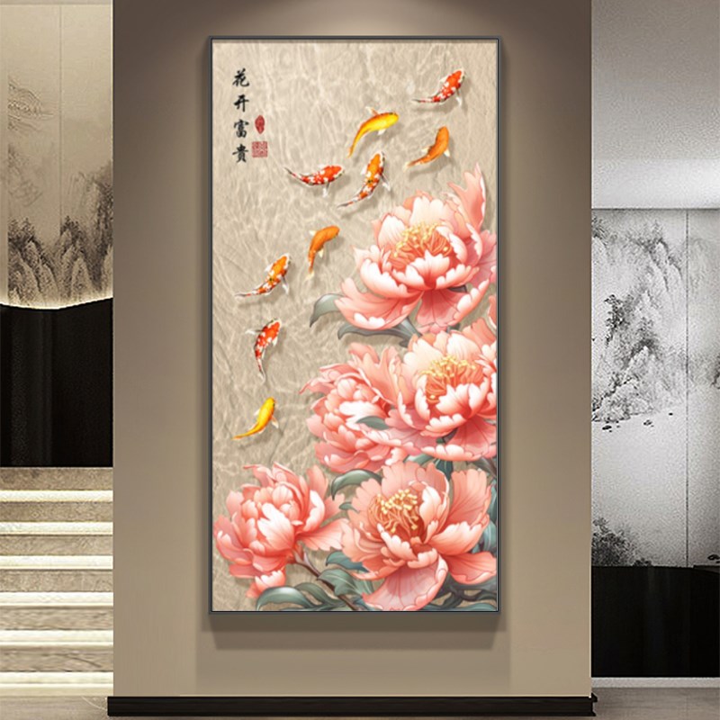 新中式镶钻款玄关装饰画招财牡丹花开富贵走廊过道挂画进门壁画