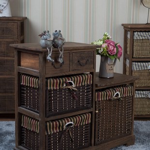 美式复古泡桐木新款简易实木十斗柜书柜藤编收纳柜高低床头柜包邮