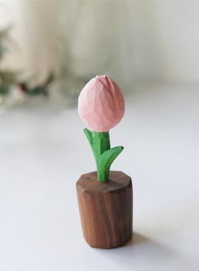 Joe的小作坊/郁金香永不凋零小木雕摆件扩香木纯手工节日情侣礼物