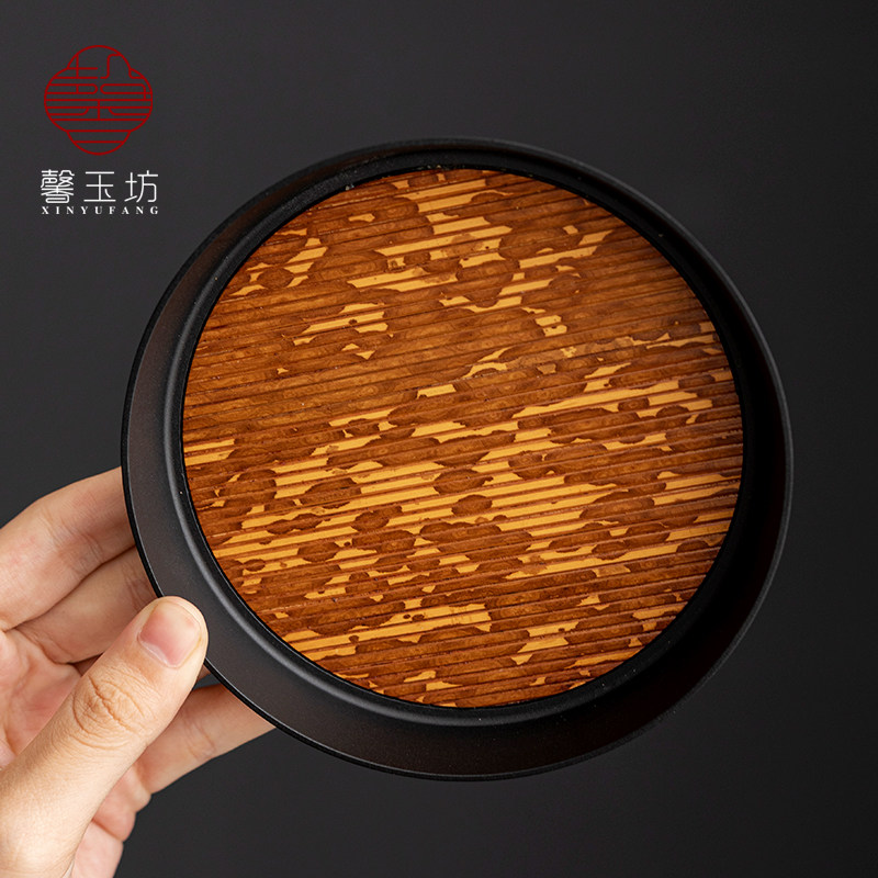 湘妃竹席面合金壶承养壶垫 盖碗茶盘干泡茶台 隔热茶具圆形