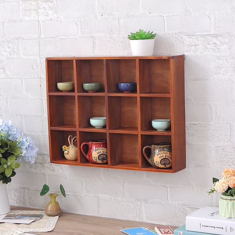 复古实木木质小杂物格子桌面收纳盒分格长方形整理置物架宿舍可挂