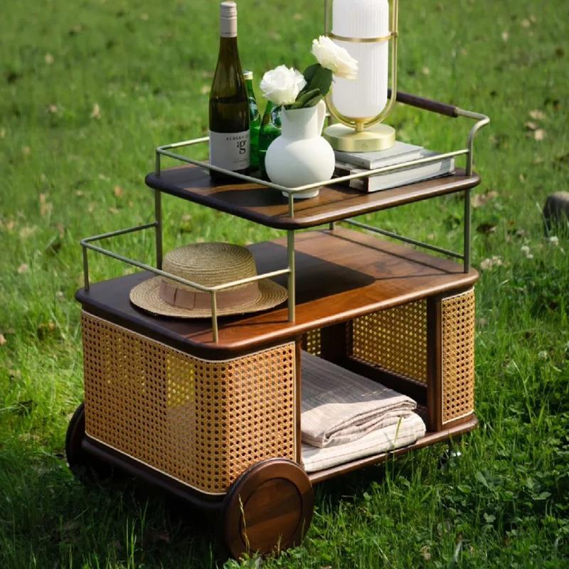 实木藤编小推车客厅收纳床头柜中复古餐车不锈钢置物架可移动边几