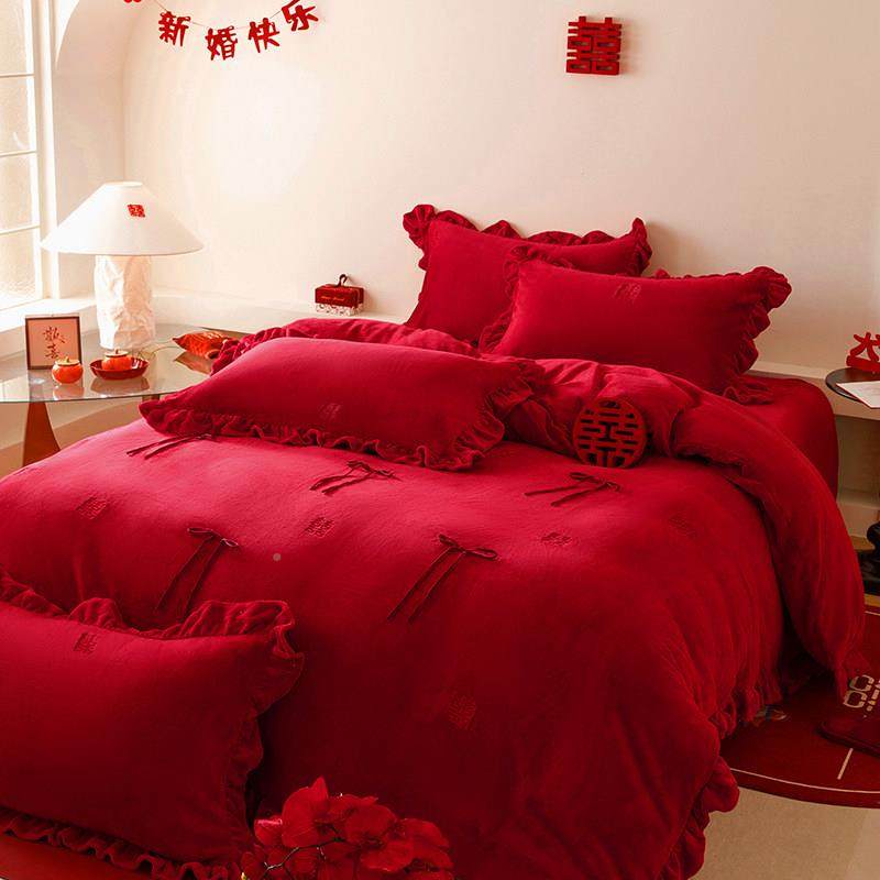 法式牛110\/8奶绒庆四件套厚珊瑚绒婚被套冬刺绣季结婚床单床上用,床上用品,婚庆床品套件,淘宝优惠券,粉丝福利购,淘宝优惠卷