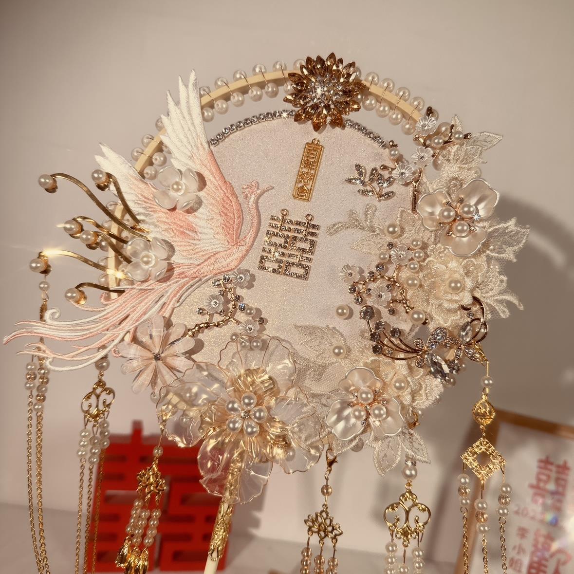 团料扇新娘ELV出嫁秀禾婚礼双结婚手y工红色凤凰喜扇子面di材包成