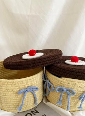 ins风奶黄色棉线编织收纳筐桌面化妆品带盖收纳盒杂物整理储物篮