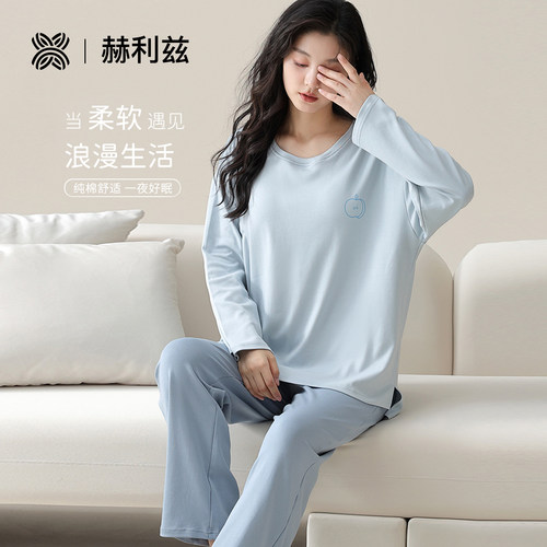 纯棉睡衣女款春秋长衣长袖套头薄