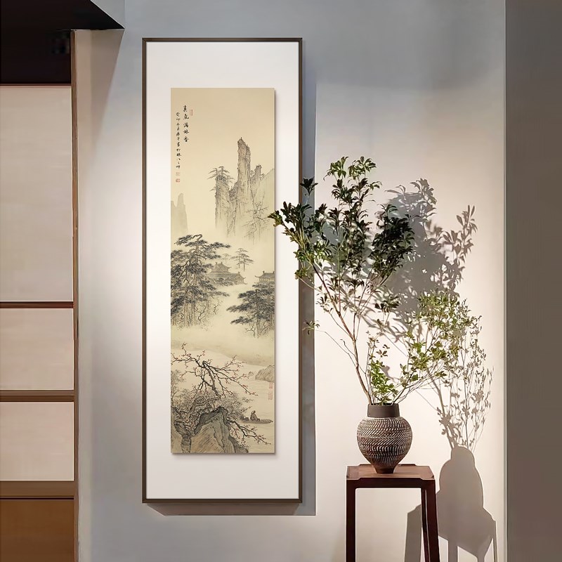 新中式入户玄关背景墙挂画碧泉松风图别墅走廊过道多联组合装饰画图片