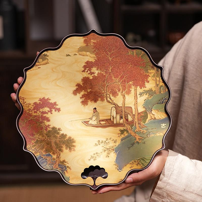 禧具乐长中式茶盘复古莲花器型高功夫茶XLCA-400四联画山水禅意端