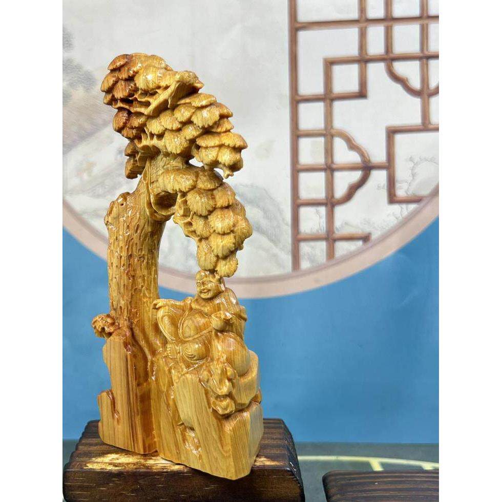 崖柏木雕树下大肚弥勒笑佛家居家用摆件送礼新中式装饰实木质供奉