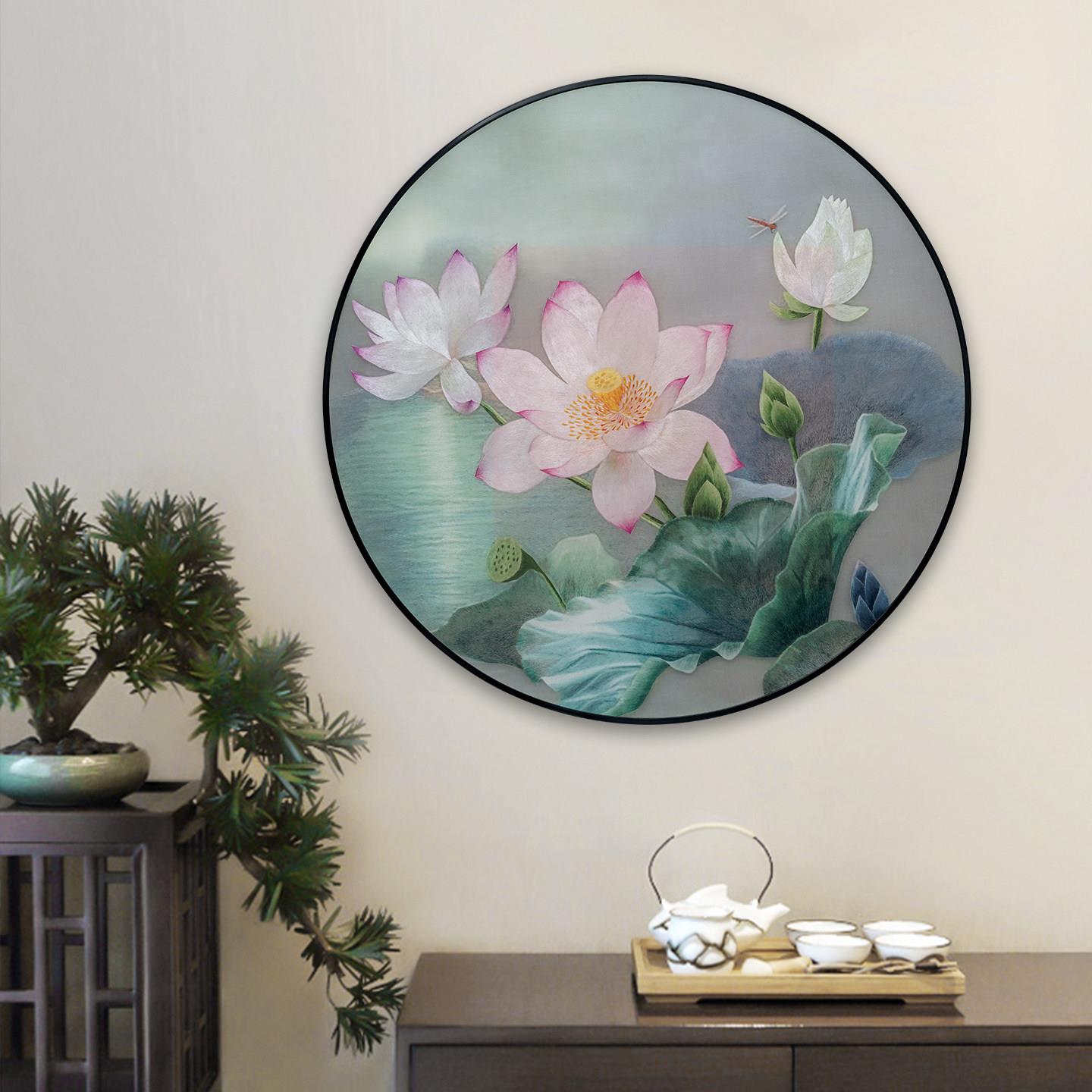 苏绣玄关装挂画 画荷花圆莲过ESL纯手刺绣新中式饭厅书房道背景墙