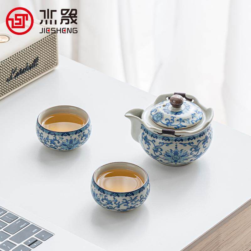 晟青花汝旅窑开茶片手抓壶杯户外行功夫茶具杰套汝窑蓝福装一壶二