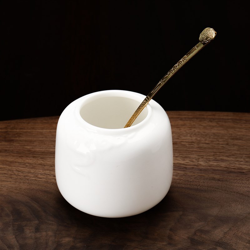 【新品福利】锦瑟文房羊脂白玉陶瓷水盂笔洗国画祥云如意小铜勺