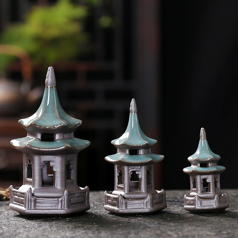陶瓷六角亭凉亭微景观小宝塔摆件造景园艺盆景鱼缸假山流水器