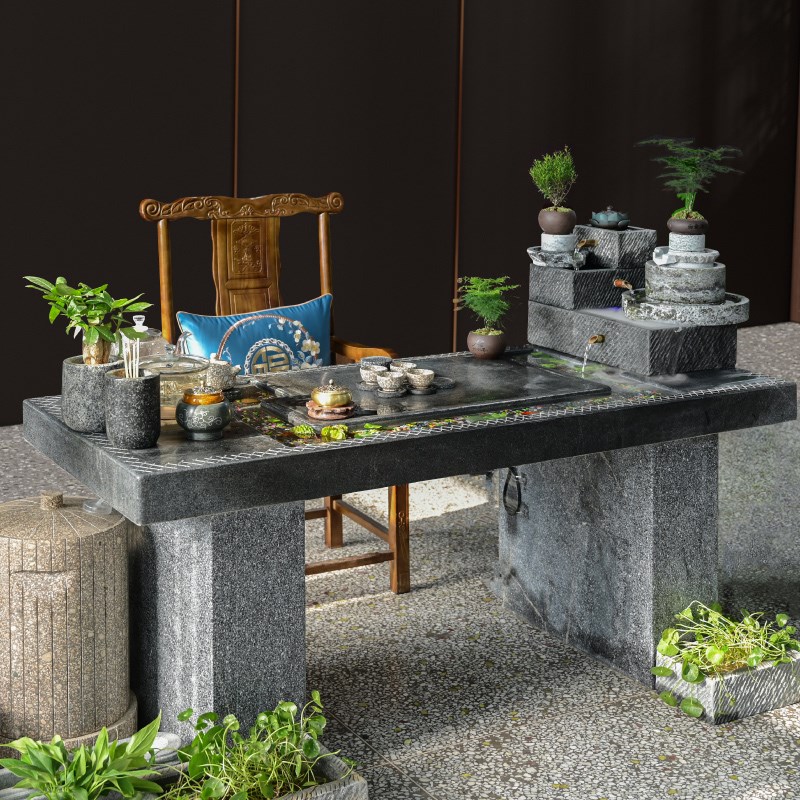石头茶桌中式茶台石头水槽流水摆件功夫茶台茶盘办公室泡茶桌椅