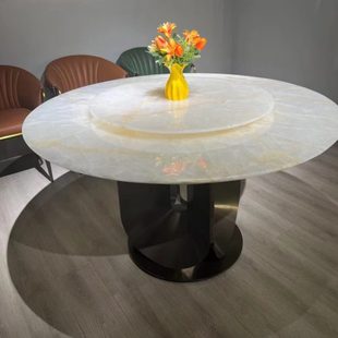 珠光棕餐桌椅组合圆桌现代简约大理石岩板家用餐厅饭桌带送盘圆形