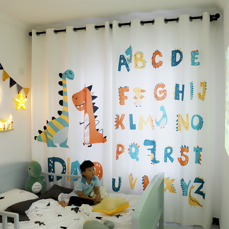 22年新款恐龙男孩儿童房卧室少女公风窗帘遮光短款飘窗免打孔