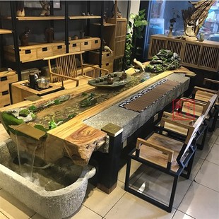 办公室新流水茶桌椅实木养鱼茶台景观方形茶几大型河流桌