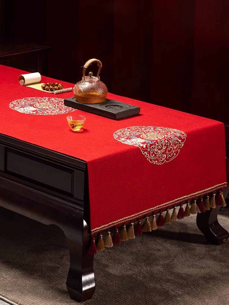 定制新中式茶几桌布桌垫台布轻奢感结婚红色客厅长方形防水电视柜