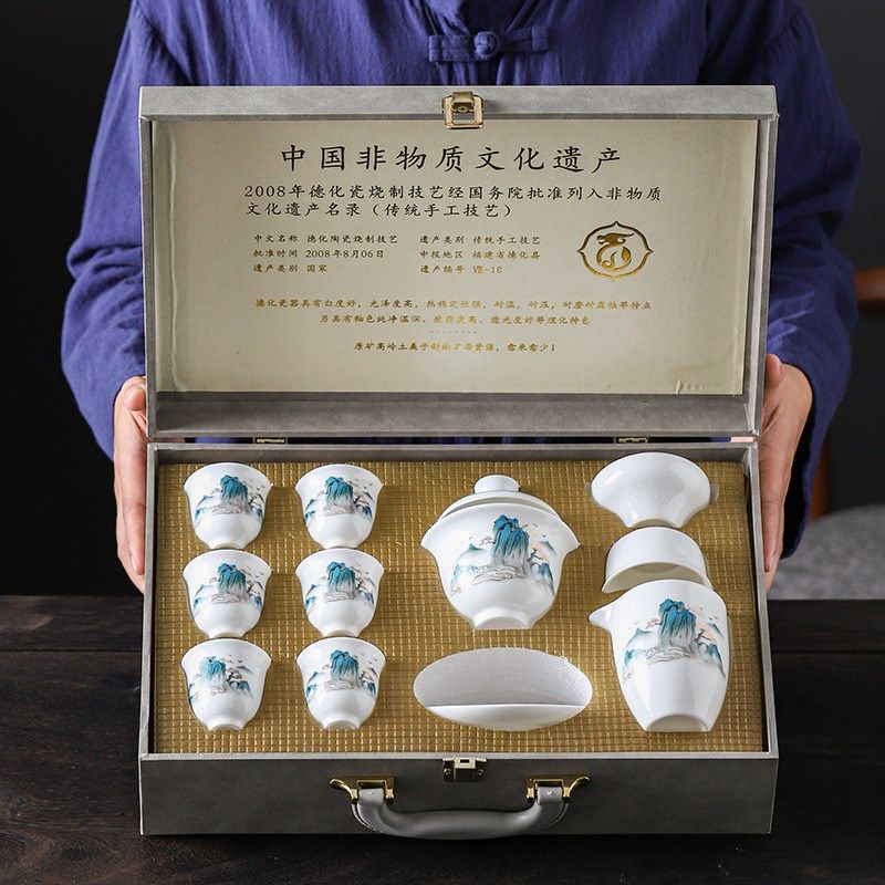 羊脂玉白瓷功夫茶具端懒茶具圆茶盘商务活动礼品伴手