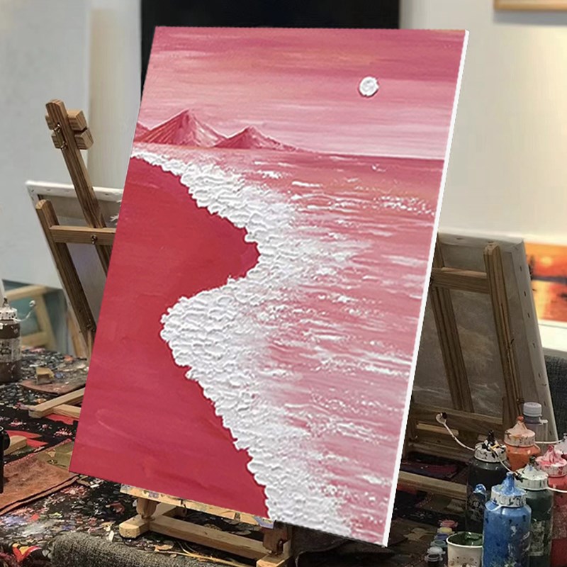 丙烯立体肌理画数字油画石英砂手工郁金香手绘装饰画粉色沙滩海洋图片