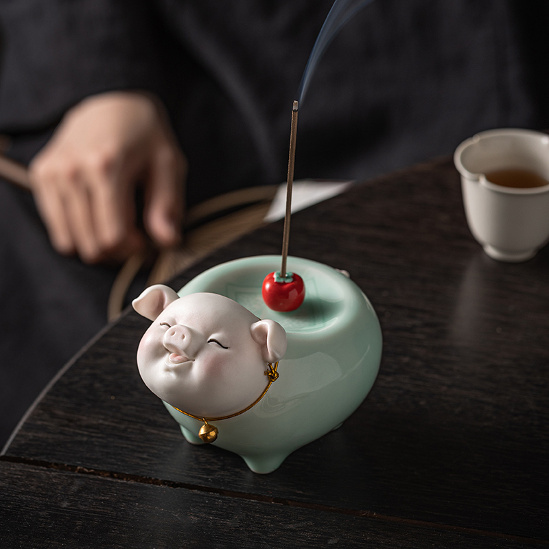 中式创意陶瓷柿子线香插香座家用室内檀香香薰炉家居客厅小猪摆件