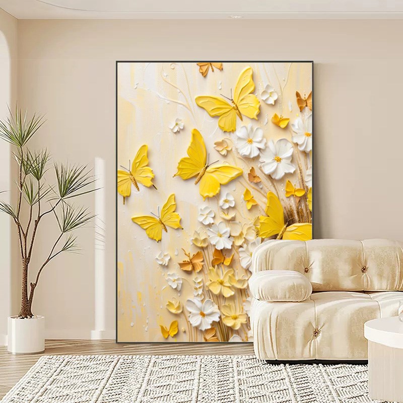 奶油风蝶恋花纯手绘油画餐厅装饰画立体感沙发背景墙挂画玄关壁画图片