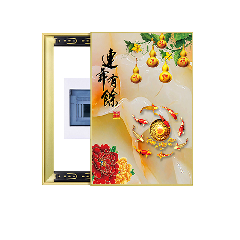 竖版电表箱装饰画五福临门浮雕玻璃葫芦推拉遮挡免打孔家和九鱼图图片