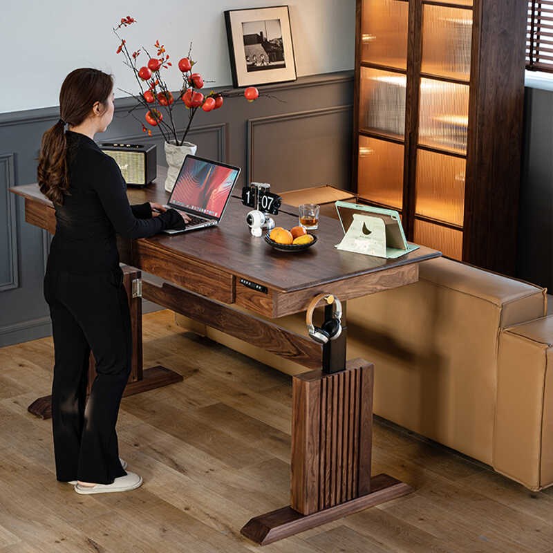 北美电动升降书桌全实木办公桌电脑桌可升降工作台学习桌