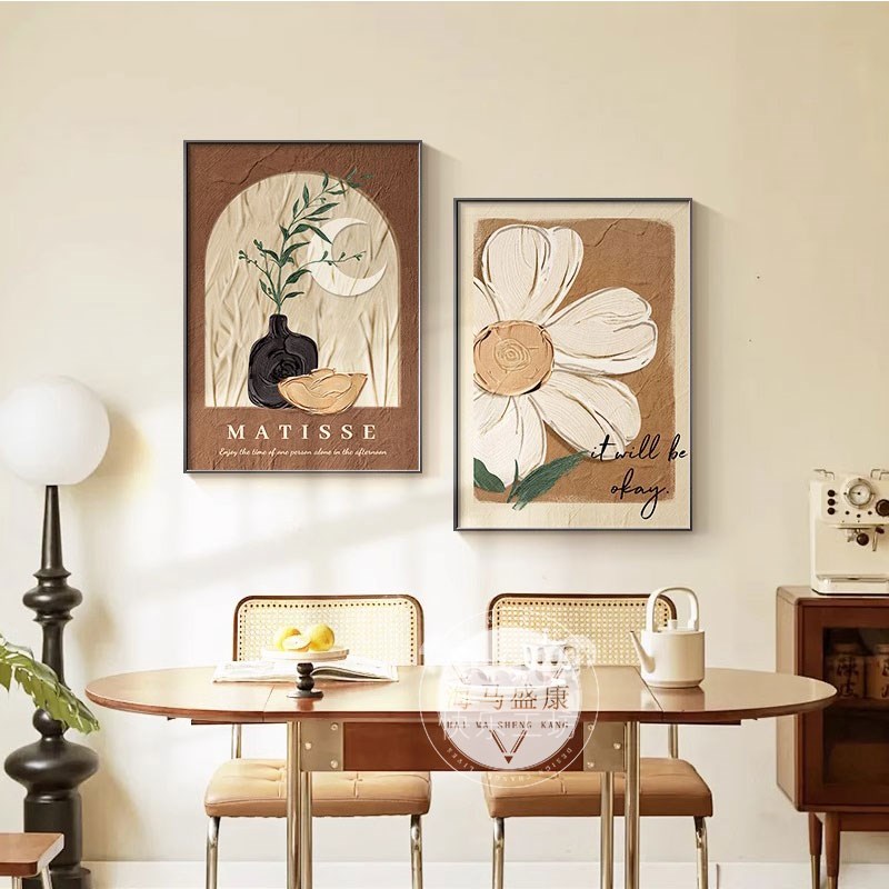 新款法式餐厅装饰画复古肌理花卉饭厅壁画现代简约餐桌背景墙壁画图片