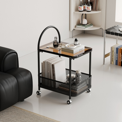 沙发边几可移动简约现代客厅带轮小茶几中古侘寂风玻璃置物小推车