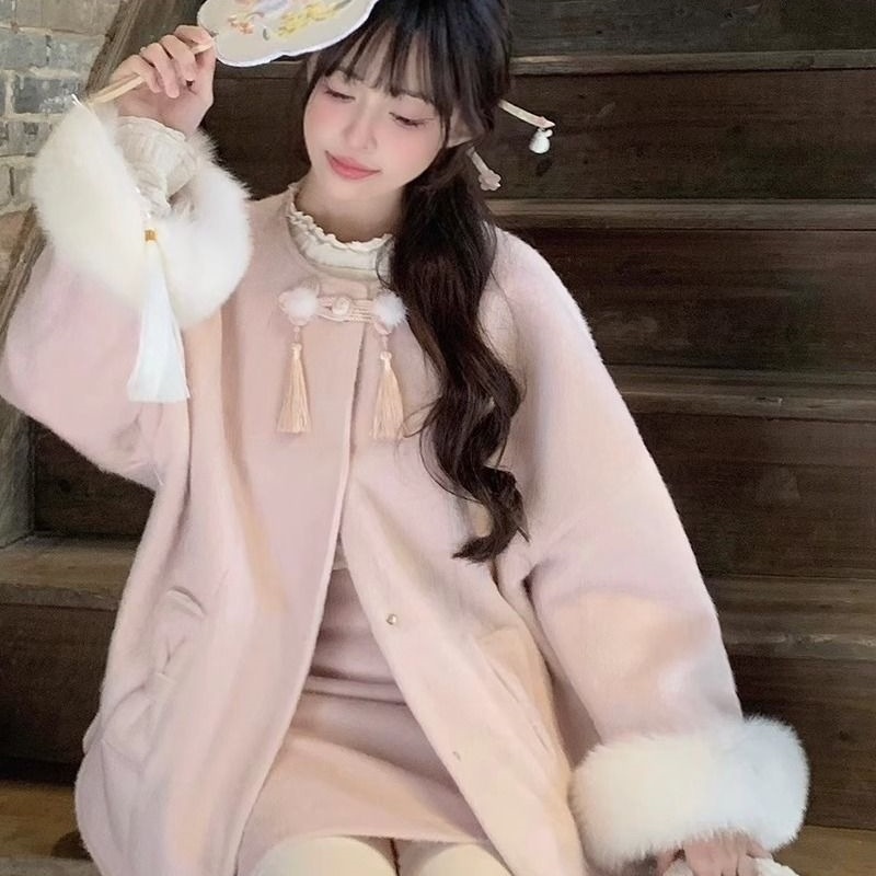 新中式甜美气质盘扣加厚保暖毛呢外套半裙两件套女冬季新款小个子