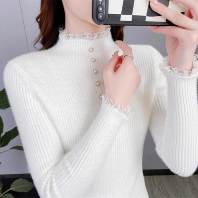 2025秋冬新款水貂绒毛衣女针织打底衫时尚蕾丝拼接修身内搭上衣服