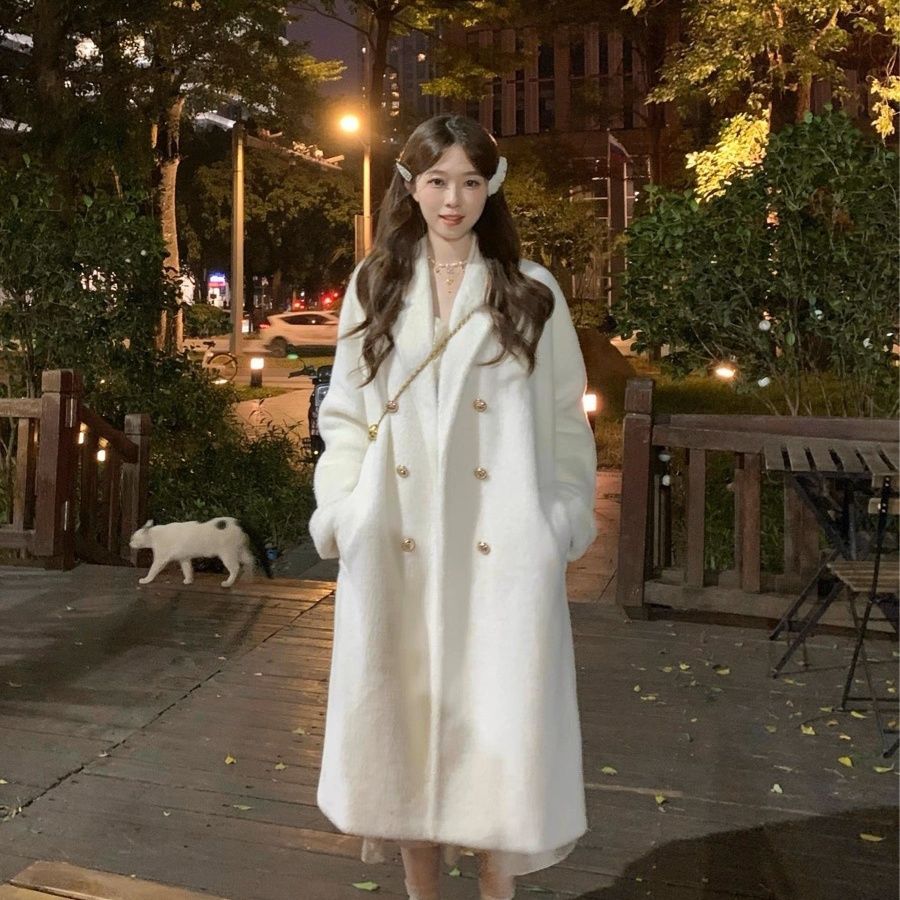 冬季恋歌新款白色大衣秋冬韩系长款呢子外套女奶呼呼轻奢纯欲风