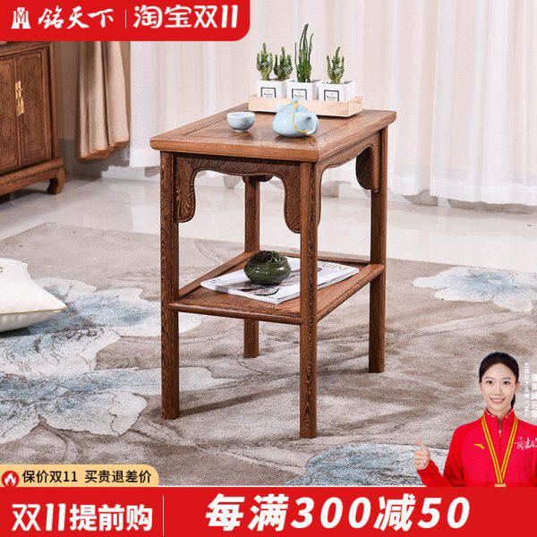 红木家具鸡翅木圆腿双层茶几原木边几客厅实木柜架简易方形泡茶台