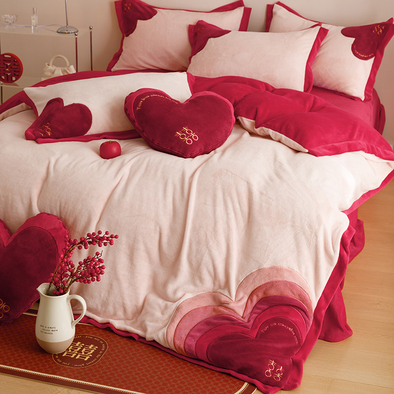 渐层色四件冬款撸猫感面加厚珊瑚绒被保暖法兰绒床单