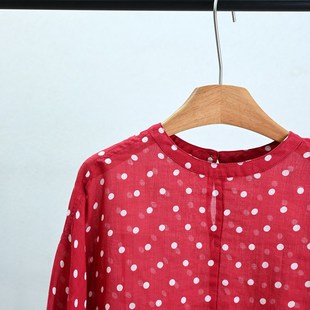 新品 日系甜美a文艺夏款 一七然圆领波点轻薄微透麻料百搭套头衬衣