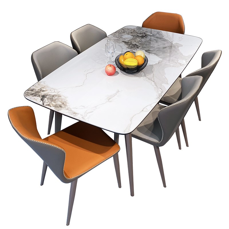 意式极简进口亮光岩板餐桌椅组合家用户型方形P饭北欧现代简约白