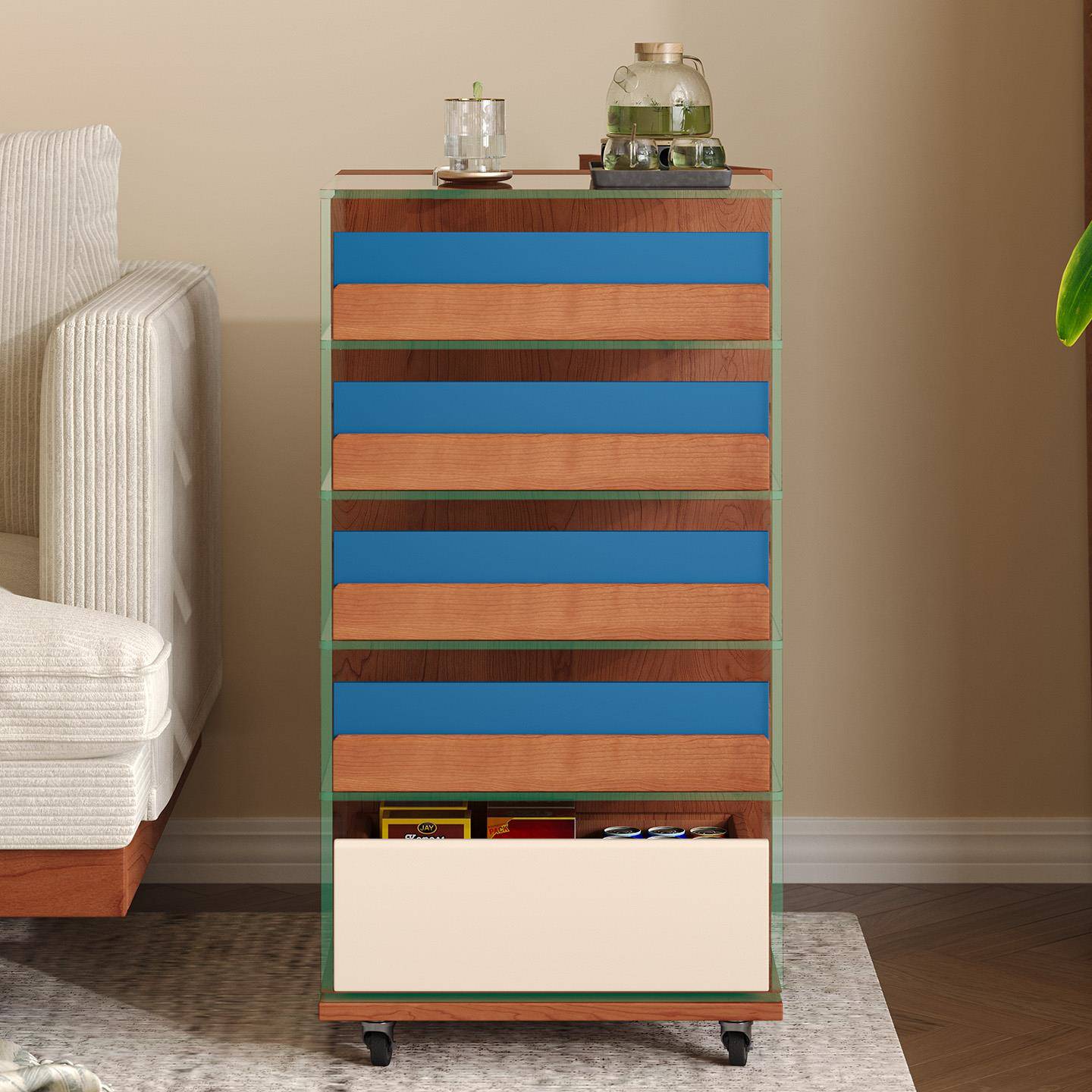 古边几中边全实木玻璃推茶水置物柜可移动多层车覆古展示柜沙发柜