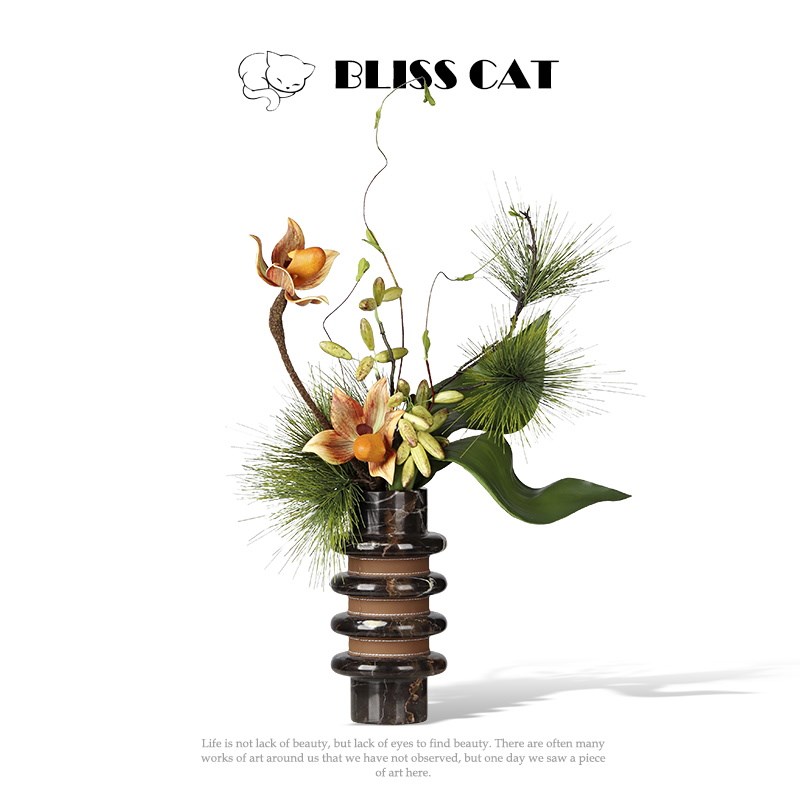 新中式大理石花瓶插花酒s店洽谈桌餐桌花艺茶几花器高级感中古摆