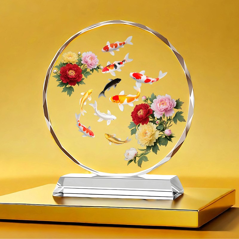 招财九鱼图中式水晶摆件s玄关客厅桌面装饰品牡丹花开富贵有余摆