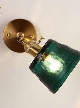 日式墨绿色文艺风锤纹玻璃壁灯客厅卧室阳台镜前床头灯黄铜小壁灯